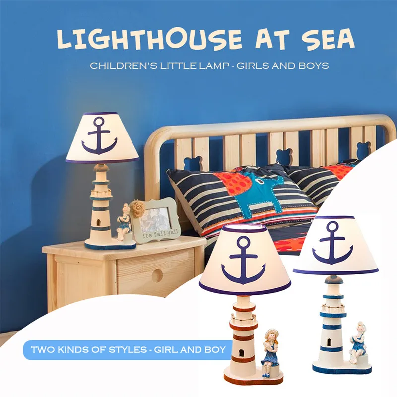 

40W Natural Bamboo Wood Lighthouse Desk Lamp Mediterranean Style Table Lamp Hand Painted Bedroom Study Home Decoration EU plug