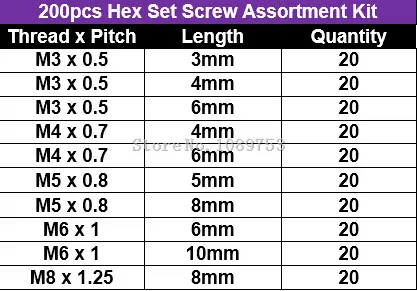 200pcsset Stainless Steel Allen Head Socket Hex Set Grub Screw Assortment Cup_