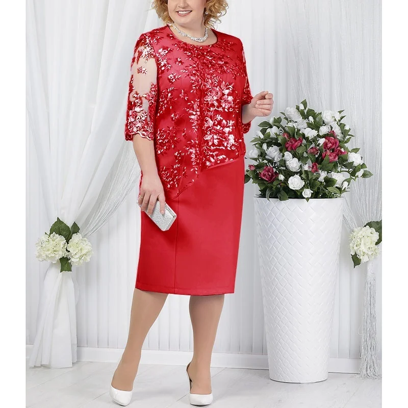 5xl элегантное кружевное лоскутное женское платье, Повседневное платье средней длины с рукавом до локтя, платья больших размеров для женщин 4xl 5xl 6xl, женские вечерние платья - Цвет: red