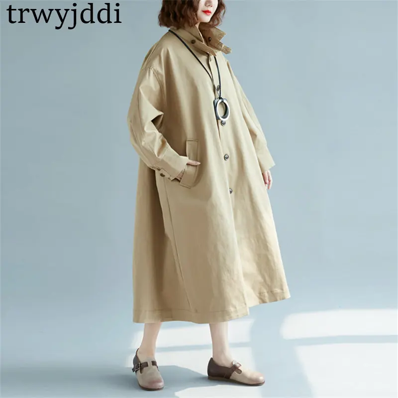 Femmes De Automne Printemps Kaki Manteau Col Coupe vent Khaki Tendance Stand 2018 Lâche A1263 Tranchée Style Littéraire Grande Manteaux Taille Nouvelle FpxqCxwzv