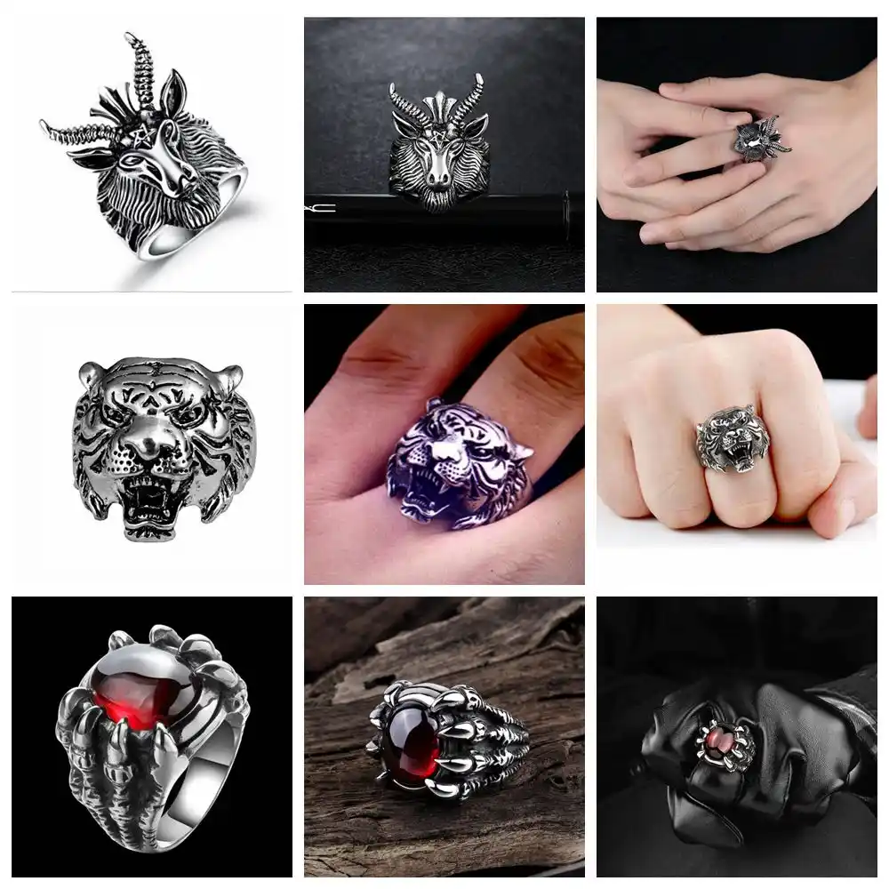 Viking Animal Jewelry Gift for Men Boys Vintage Gothic Red Eyes Tiger Head Ring Gold Tiger Silver Snake Fighting Punk Hip Hop Green Eyes Snake Wrap Ring Snake Tiger Ring for Men
