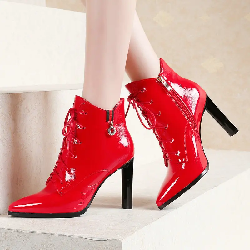 

Fashion Ankle Boots Women Sexy Patent Leather Square High Heel Boots Pointed Toe Zipper Party Autumn Winter Ladies Shoes