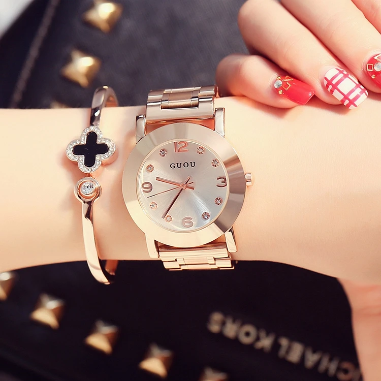 2016 HK Fashion Brand Ladies Luxury Clock Rose Gold Steel Watch with Fine Alloy Women Dress