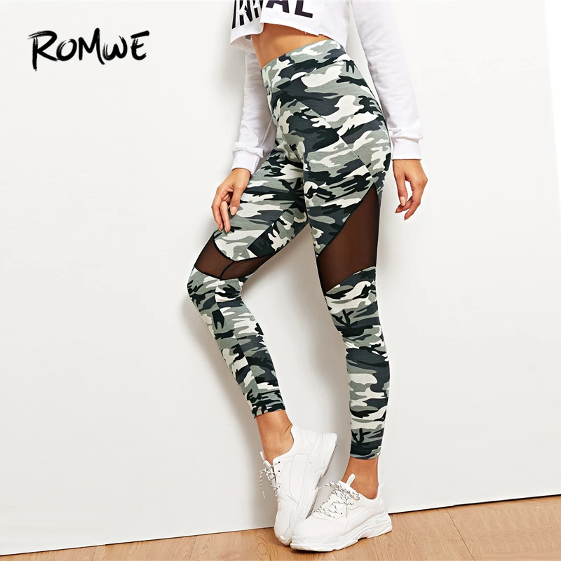ROMWE التباين شبكة إدراج كامو طباعة طماق 2019 أنيق المرأة التمويه المحاصيل طماق بارد اللياقة البدنية بناطيل ضيقة مثيرة
