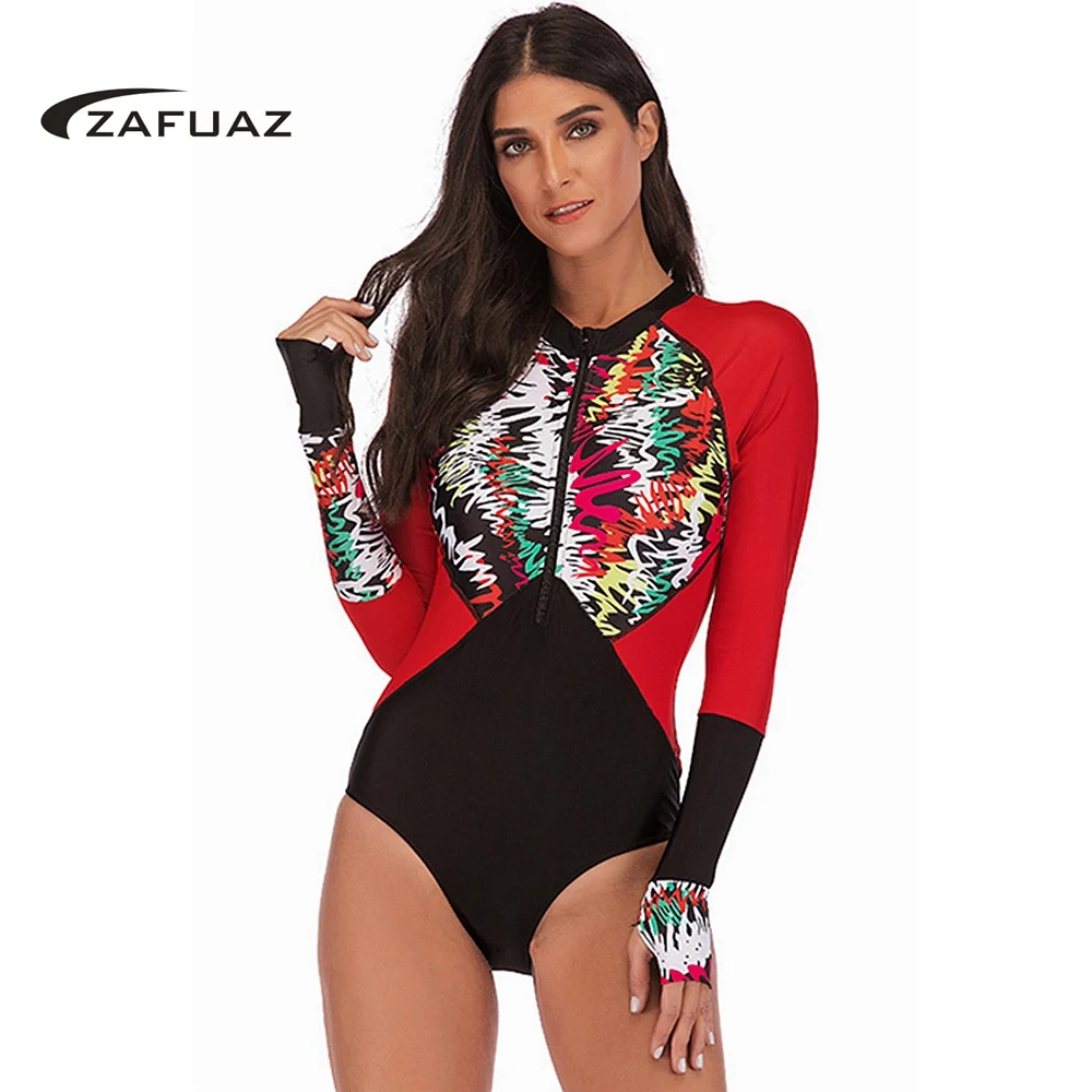 ZAFUAZ 2019 خمر الزهور طباعة كم طويل قطعة واحدة ملابس السباحة النساء ملابس السباحة زائد حجم Monokini الرياضة الاستحمام تصفح الشاطئ