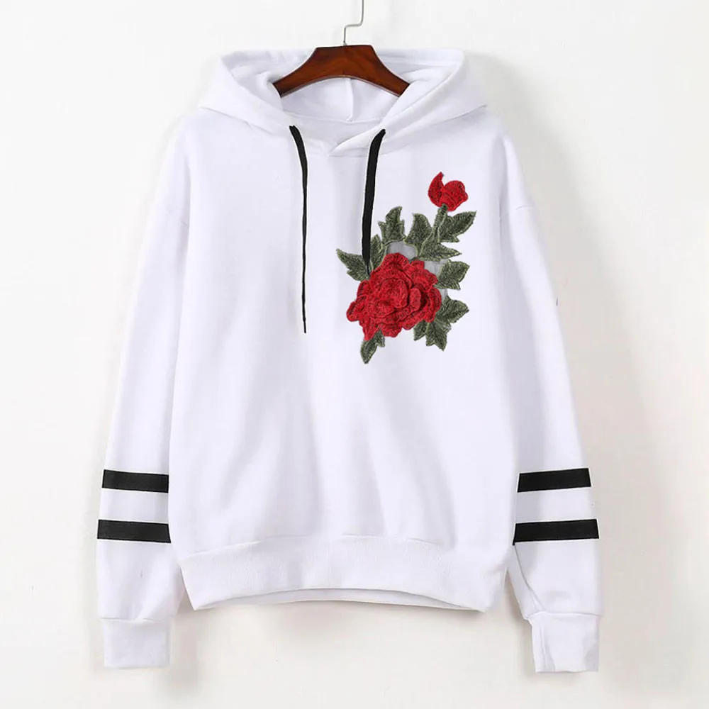 Womens Embroidery Applique Long Sleeve Hoodie Sweatshirt Pullover Tops