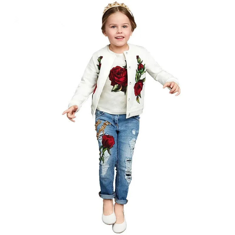 

Spiderman New 2017 Spring Autumn Baby Girls Clothing Sets Cowboy 3 Pieces Coat + T Shirt+ Jeans Fall Kids Clothes Outfits Cute