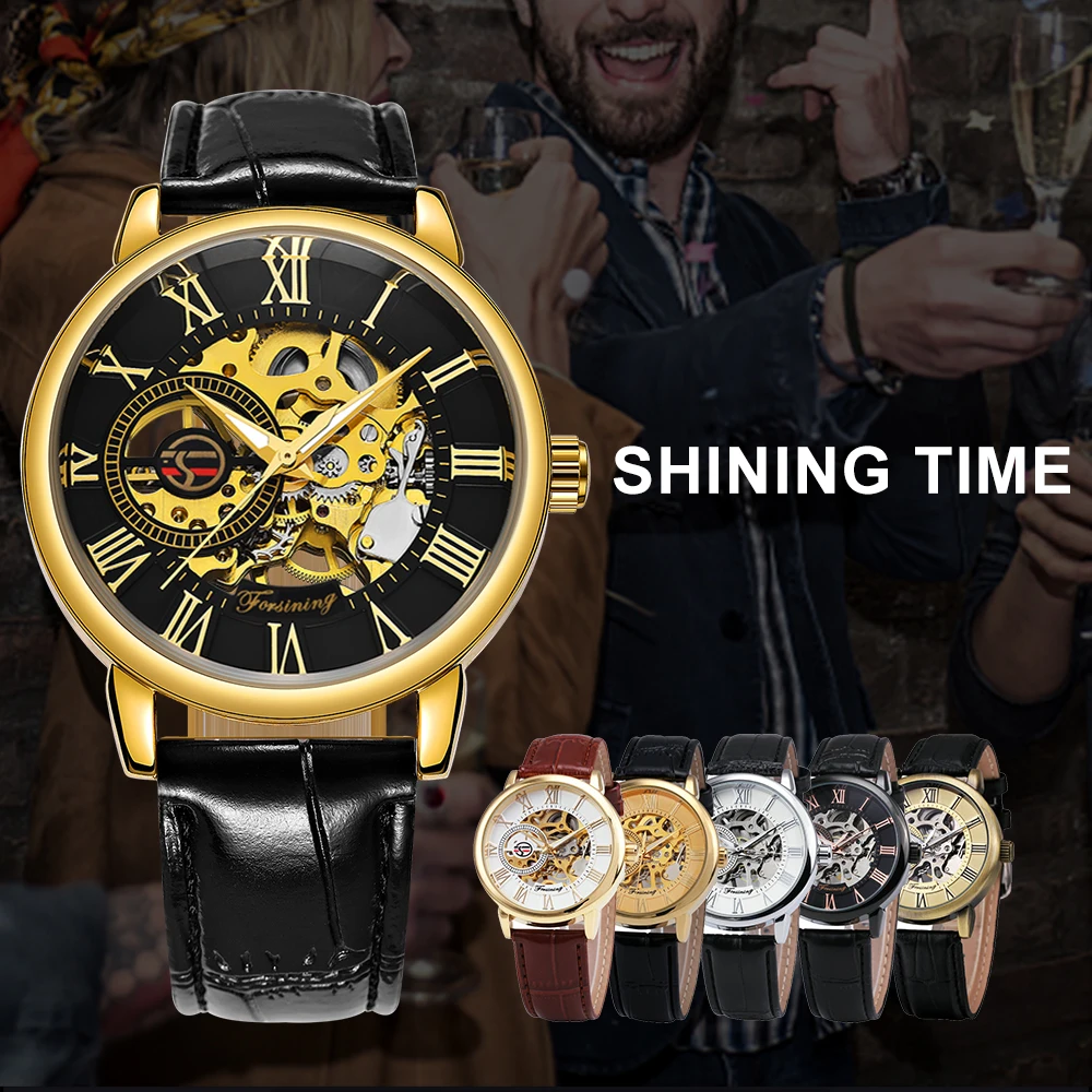FORSINING Мужские механические часы с 3D логотипом черного и золотого цвета, мужские часы, Топ бренд, роскошные часы с кожаным каркасом победителя