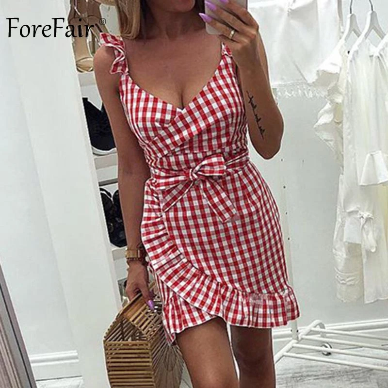 Forefair Vintage Plaid Dress Summer Mini Sexy Bodycon Ruffle  (1)