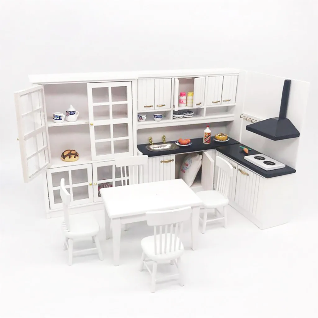 TOP Miniature Kitchen 1:12 Mini Dollhouse Mini Kitchen Dining Table and Chair Cabine FOR CHILDREN TOY a613