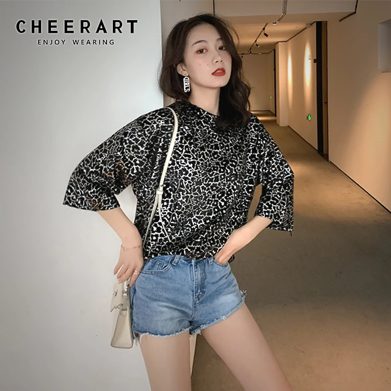 

Cheerart Glitter T Shirt Women Korean Style Summer Short Sleeves Sequin Top Loose Tee Shirt Femme Fashion Top Clothing