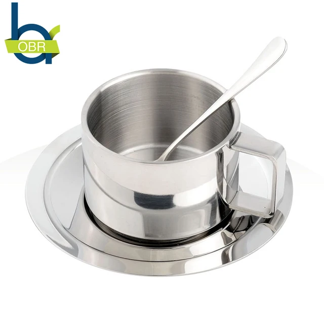 Obr Double Layer Stainless Steel Coffee Cup Set Handgrip Mug Obr Double Layer Stainless Steel Coffee Cup Set Handgrip Mug With Plate Milk Spoon