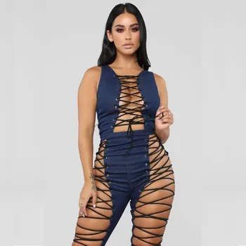 

Women Sexy Hollow Out Denim Jumpsuit Street Wear Lace Up Playsuit Skinny Patchwork Sleeveless Overalls