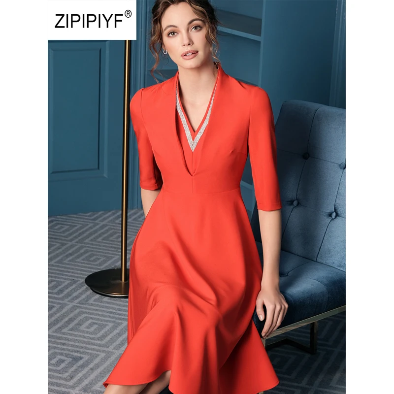 

ORIGINAL 2019 Runway Elegant Dresses Office Lady V-Neck Half Sleeve Vestidos A-line dress Party lente damesmode 2019 AB397