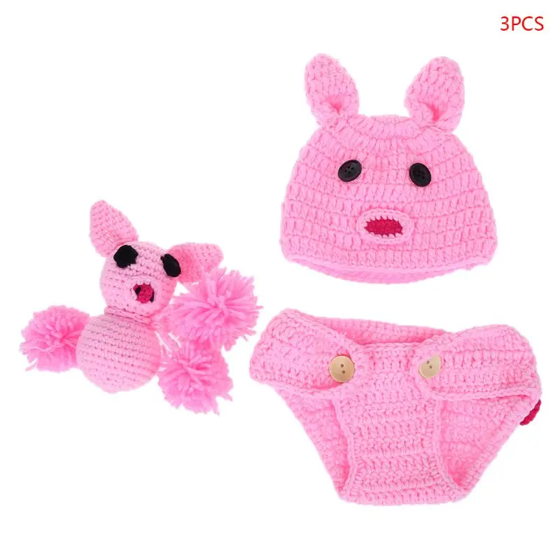 

Baby Photography Costume Hat+Pant+Toy Knitted Crochet Pig Toy Cap Rabbit Ears Pink Props Photo Studio Shooting Newborn Clothes