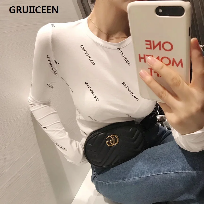 Tanie Gruiiceen jesienny nowy 2017 o neck top t shirty wysokiej ealstic z długim rękawem list drukuj t shirt dla kobiet odzież moda slim t