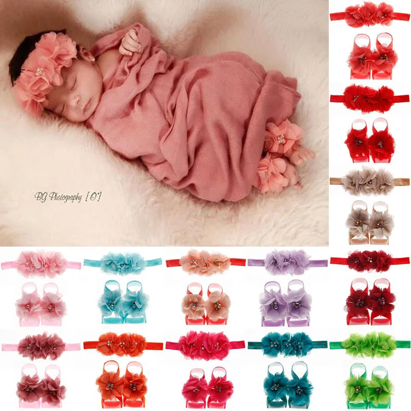

Yundfly Newborn Baby Flower Headband with Barefoot Sandal Sets Chiffon Flower Headwear Cute Photography Props Set 3pcs/set