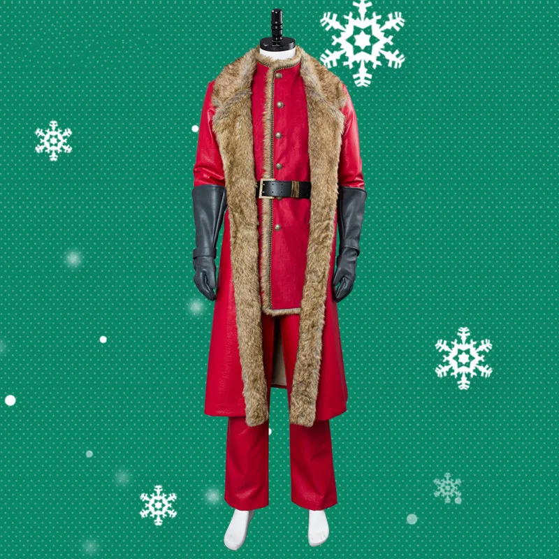 

Film The Christmas Chronicles Santa Claus Cosplay Costume Red Faux Leather Trench Jacket Pants Belt Gloves Holloween Carnival