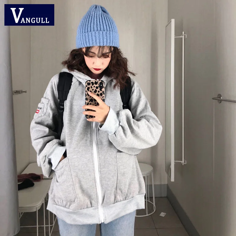 

VANGULL 2019 Spring Autumn New Women ins Harajuku Thick Sport Jackets Long Sleeve Loose Zipper Cardigan Female Solid Hooded Coat