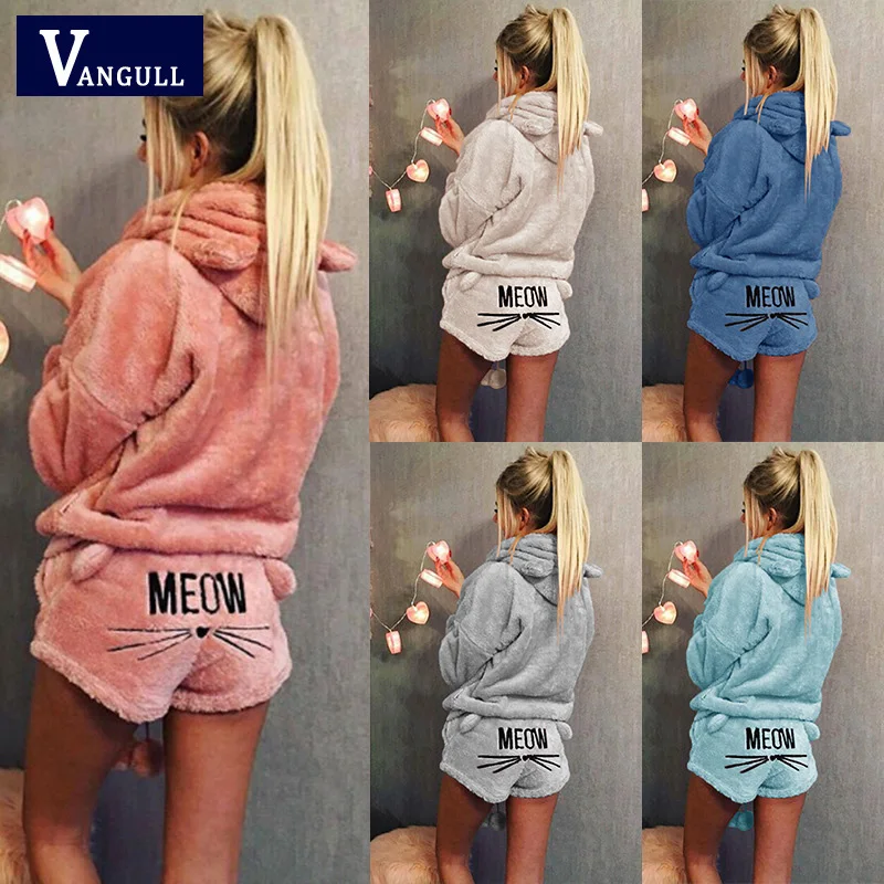 

Vangull Women Two Piece Set 2018 New Autumn Winter Pajamas Warm Coral Velvet Suit Sleepwear Cute Cat Pattern Hoodies Shorts set