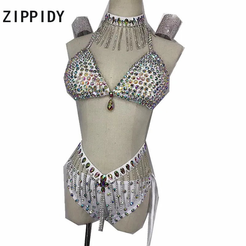 

Бюстгальтер с блестящими кристаллами, короткое нижнее белье, комплект бикини для ночного клуба, Женский костюм с кисточками и стразами, костюм для вечеринок