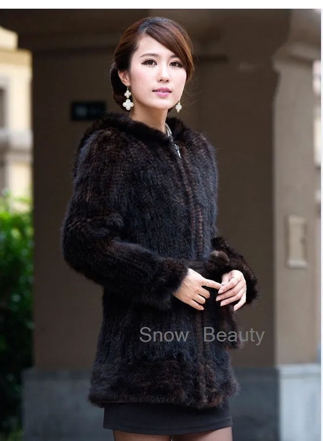 Женское натуральное вязаное Норковое меховое пальто, куртка с капюшоном, длинный рукав и подкладка, длинная верхняя одежда, теплое осенне-зимнее пальто черного цвета