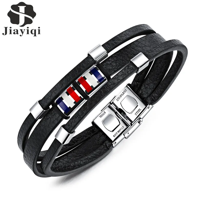 

Jiayiqi New Arrival Leather Bracelets for Men Black Multi Layer Rope Chain Stainless Steel Clasp Vintage Male Jewelry Best Gifts
