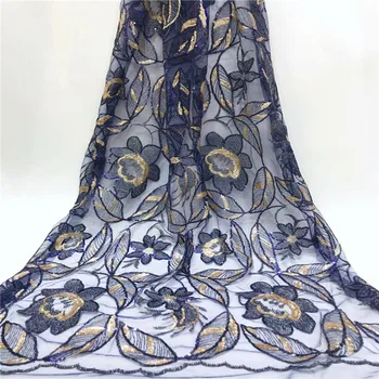 

2019 High Quality African Lace Fabric lake blue gold French Net Embroidery Sequins Tulle Lace Fabric For Nigerian Party