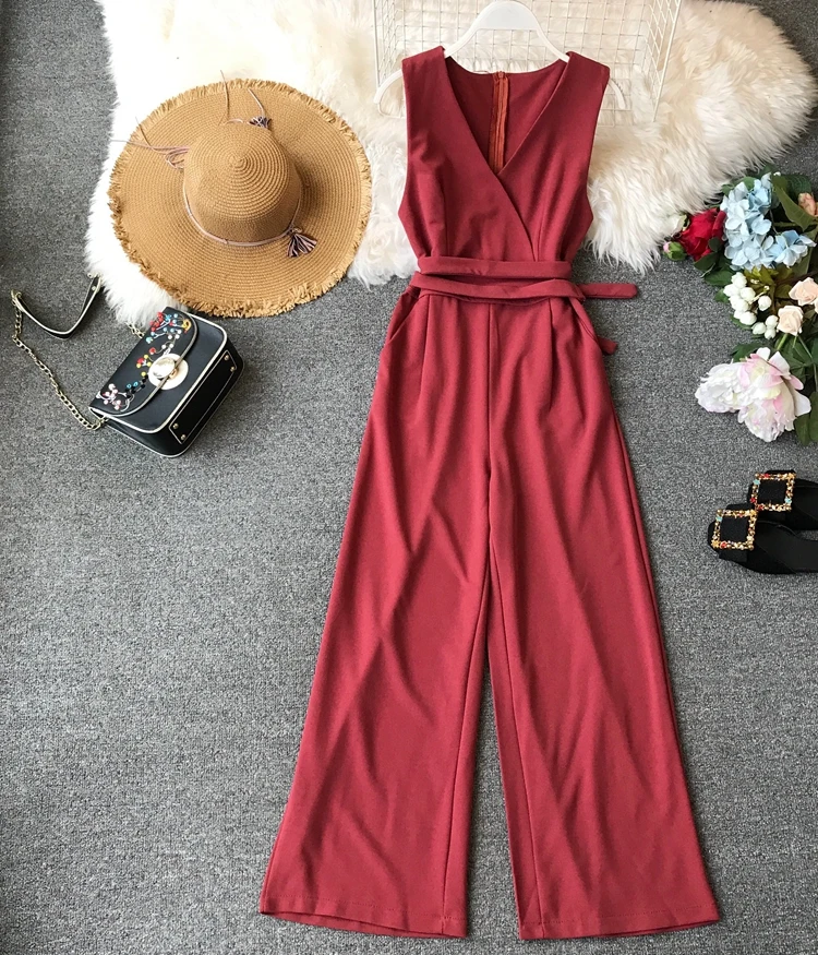 Красный ALPHALMODA весенние женские однотонные комбинезоны без рукавов с v-образным вырезом и высокой талией с поясом Женские повседневные Комбинезоны с широкими штанинами - Цвет: Красный
