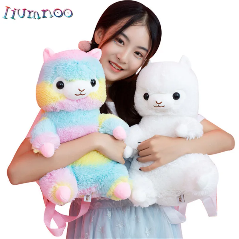 

40cm Cute White And Rainbow Alpaca Plush Backpack Soft Doll Plush Shoulder Bag Children Students School Bag Gift