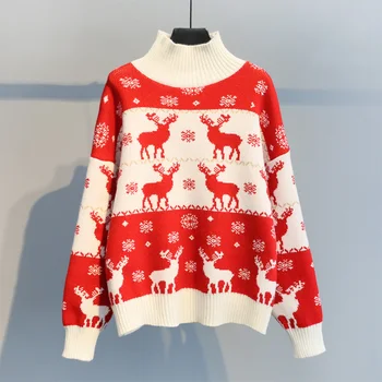 

Christmas New Year red women sweater and pullovers turtleneck long-sleeved loose thicken warm lady pulls outwear tops