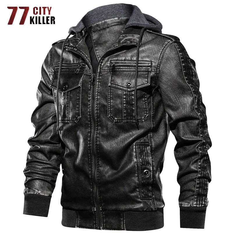 

77City Killer Hooded Leather Jacket Men Motorcycle PU Leather Coats Male Euro Size Men Leather Jackets and Coats Dropshipping