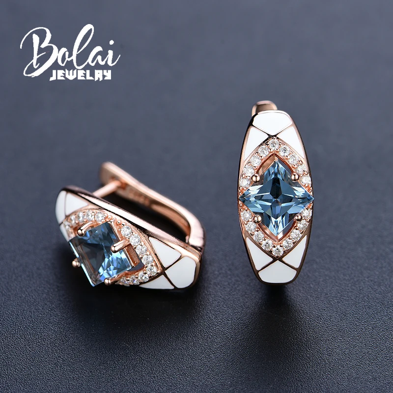 

Bolai elegant london blue topaz stud earrings 925 sterling silver created gemstone jewelry white enamel clasp wedding earring