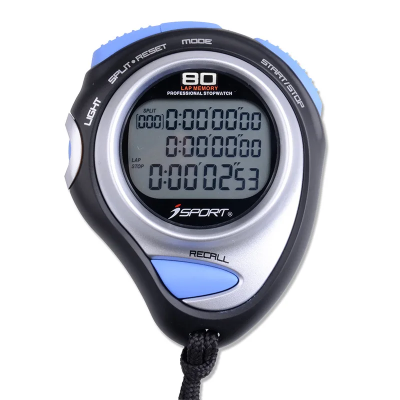 Sports Stopwatch LCD Professional Digital Handheld 80 Laps Memory Three