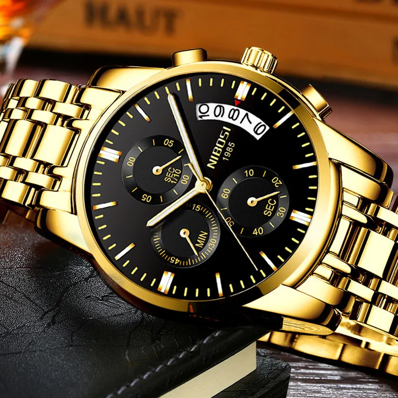 NIBOSI Mens Watches Luxury Brand Military Sport Gold Watch Men Business Wristwatch Chronograph Quar