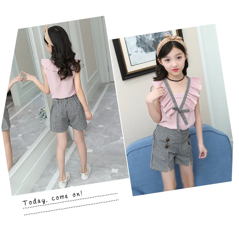 Casual Teen Girls Clothes 2019 New Summer Children Clothing Set Ruffles Tops Plaid Shorts 2Pcs Kids Suit For Girls Outfits 3-14Y (11)