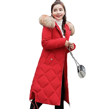 

2018 New Women Winter Down Cotton Coats Big Fur Collar Slim Long Warm Jackets Padded Stitching Argyle Casual Female Coats YP1092