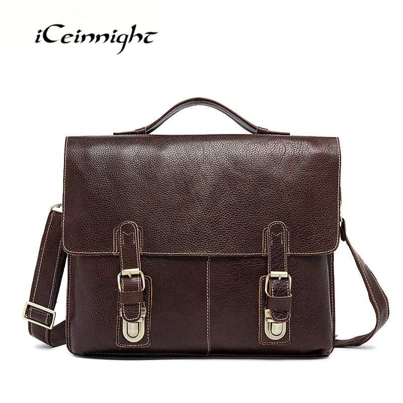 iCeinnight Genuine Leather Men Briefcase 14inch Laptop Business Bags Cowhide Mens Messenger Bags Luxury Vintage Travel Hand Bags