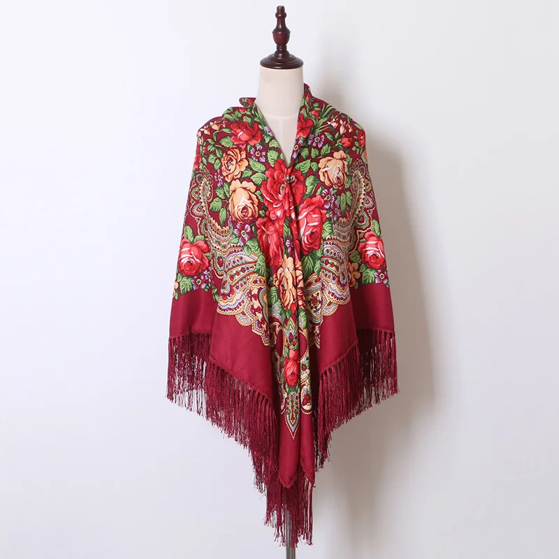 [FAITHINK] 160 см, большой размер, женский шарф-накидка с цветочным принтом, для путешествий в России, из хлопка, с кисточками, шаль, этнический квадратный пончо, хиджаб - Цвет: JM68 wine red