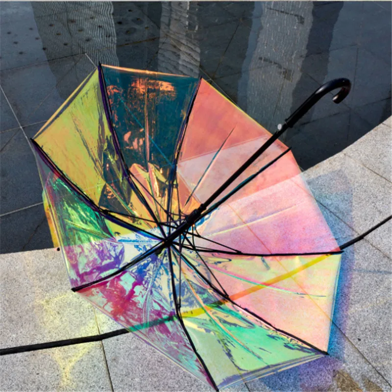 

New design magic transparent color umbrella women long handle fashion windproof laser clear umbrella men
