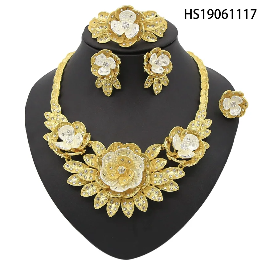

Yulaili Luxury Flower Rhinestone Wedding Jewelry For Bridesmaids Full Crystal Big Necklaces Stud Earring Dubai Jewelry Sets