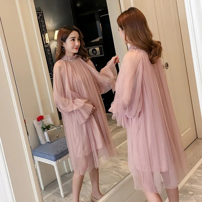 

Korean fashion maternity dress spring 2019 new loose large size mesh skirt pregnant women dress female tide pregnancy skirt
