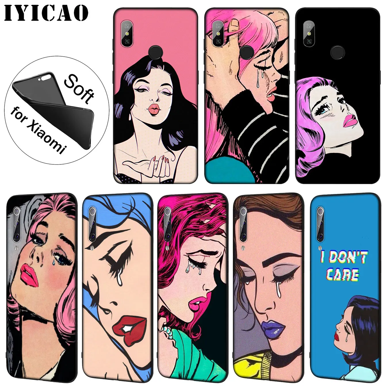IYICAO Vintage Pop Art Crying Girl Sad Soft Phone Case for Xiaomi Mi 10 9 9T CC9 CC9E 8 SE A3 Pro A1 A2 Lite 6 pocophone f1 |