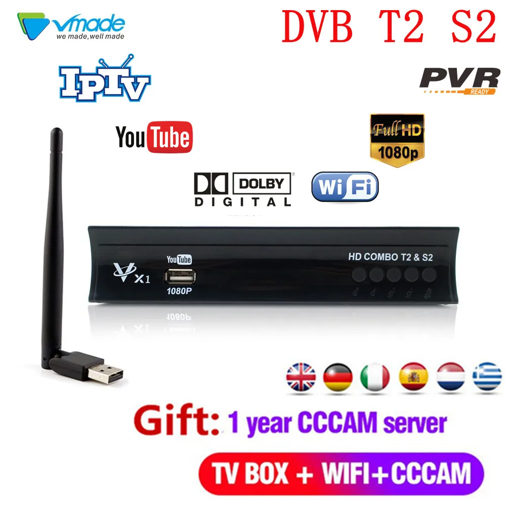 Европа 1 год cccam dvb t2 s2 комбо-телевизор цифровой спутниковый ресивер наземного ТВ-тюнер Поддержка AC3 Dolby CCCAM iptv + wifi