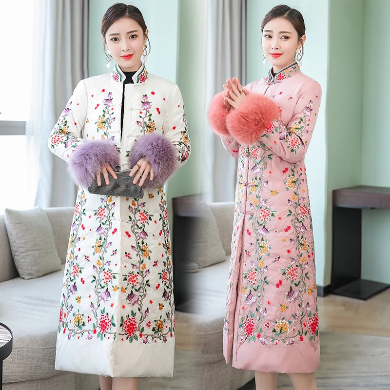 Haute Des Hiver Qualité Mince Coton Manteaux Vers 1943 Femmes Brodé Rétro Veste pink Grande Lady Taille Chaud Manteau White Long Bas Le 8Bx4q8rw