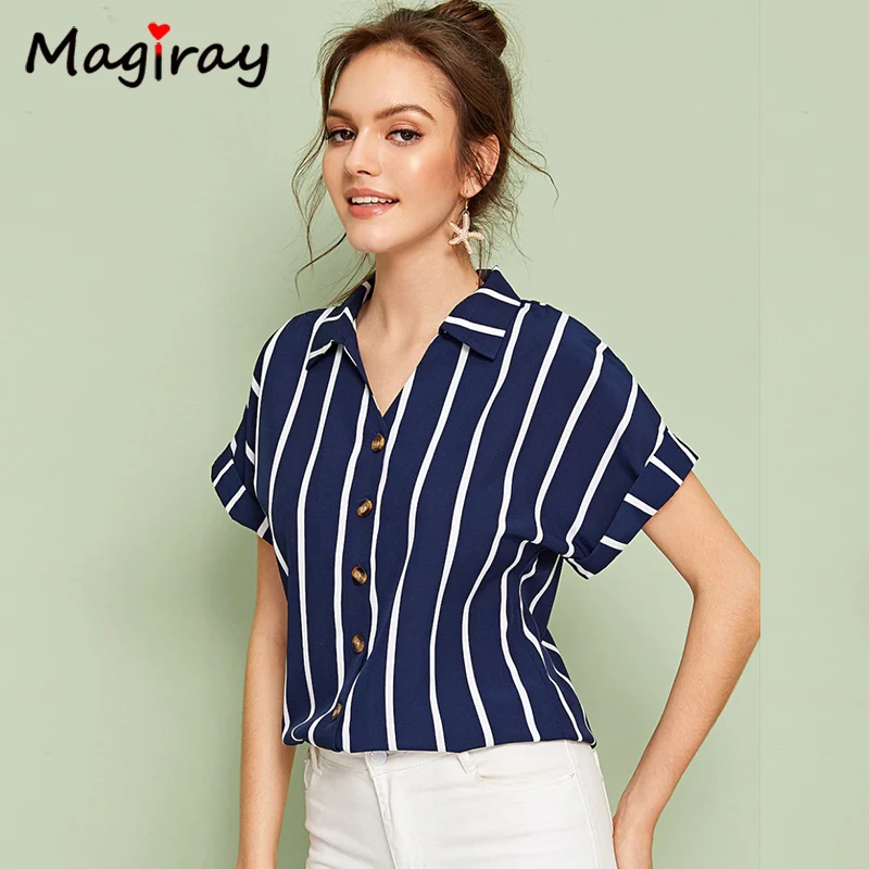  Magriay White Blue Striped Blouses Women Button Collared Batwing Sleeve Korean Elegant Chic Casual 