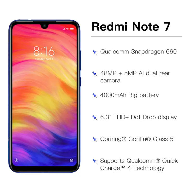 Глобальный Встроенная память Xiaomi Redmi Note 7 64 Гб Встроенная память 6 ГБ Оперативная память 2340*1080 6,3 дюйма, разрешение Full Экран Snapdragon 660 Octa Core 4000 мАч 48+ 13 Мп мобильного телефона из закаленного стекла