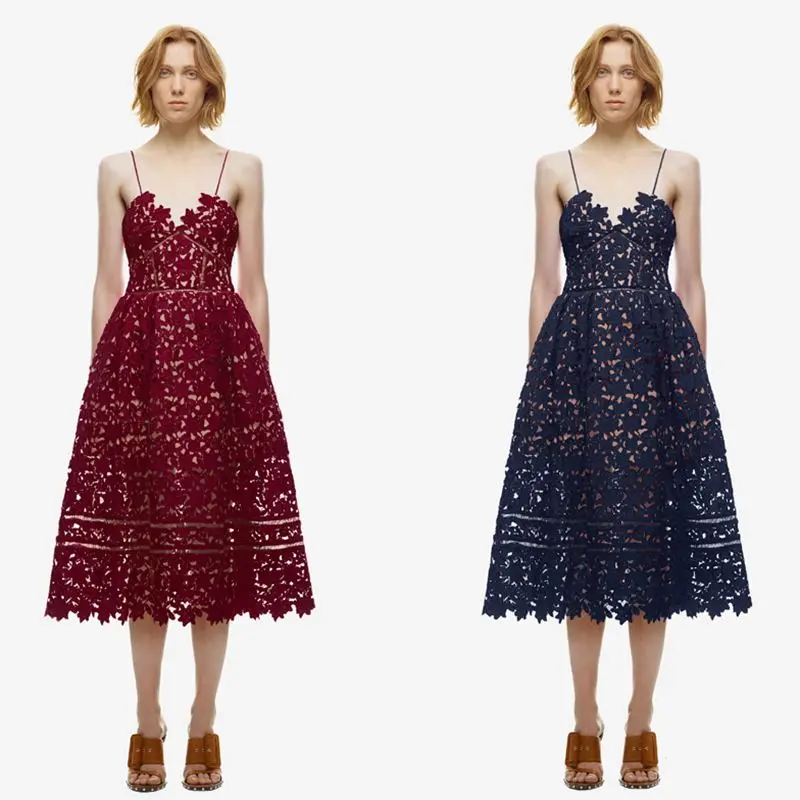

New arrive summer dress women 2018 fashion Runway sexy Hollow Out Spaghetti Strap chic lace party dresses