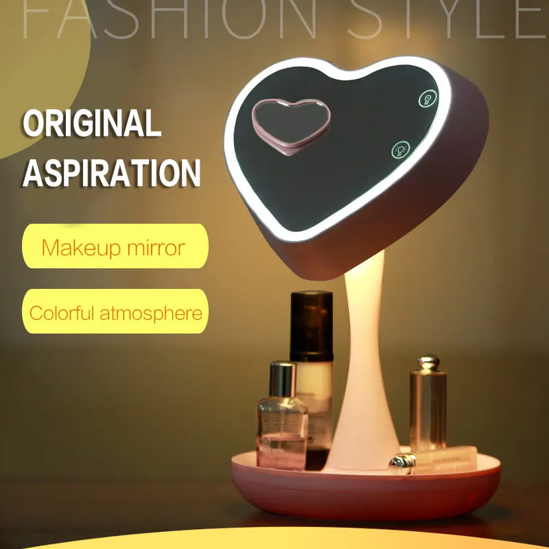 

Heart Shape Multifunction Adjustable Makeup Mirror Color Change Lamp with Cosmetics Holder Bedroom Table Night Light