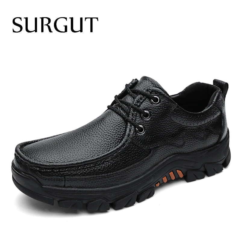 Мужские оксфорды из натуральной кожи SURGUT, черные классические туфли, дышащие лоферы, рабочая обувь больших размеров 38~48 для осени - Цвет: 01 Black
